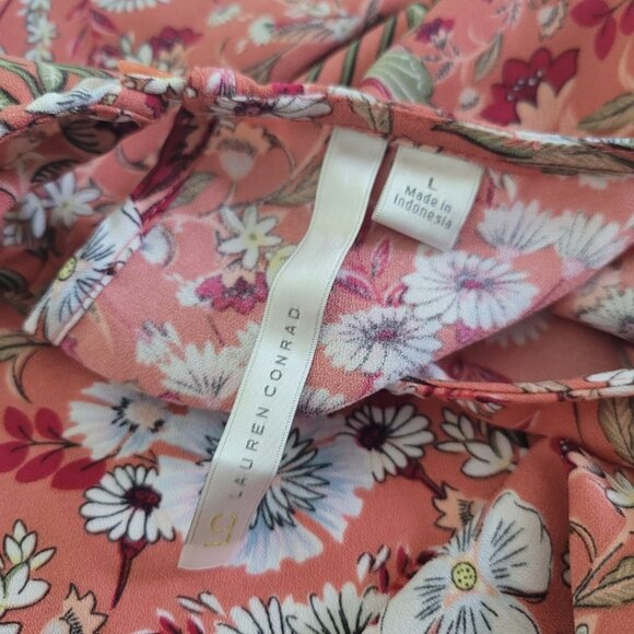Lauren Conrad Floral Pink Sheer Long Sleeve Blouse Womens Large Ruffle Arm - Picture 7 of 12
